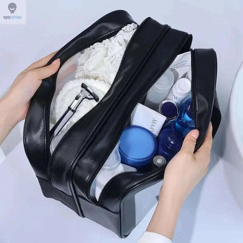 Transparent Dry-Wet PU Makeup Bag with Dual Compartments-Medium pink