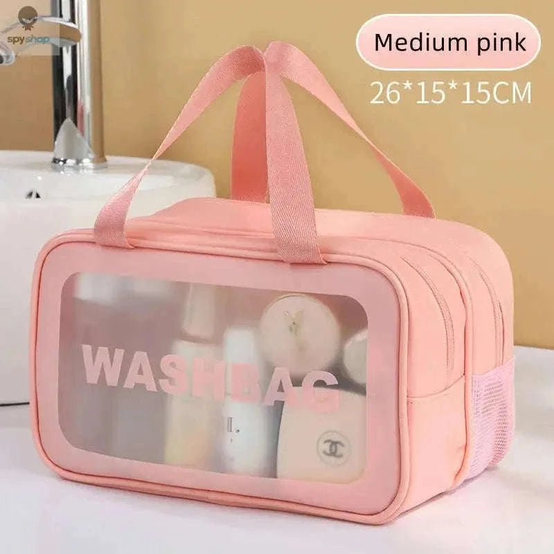 Transparent Dry-Wet PU Makeup Bag with Dual Compartments-Medium pink