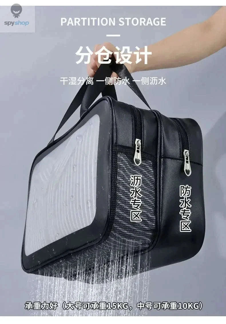 Transparent Dry-Wet PU Makeup Bag with Dual Compartments-Medium pink