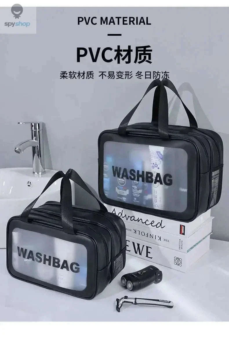 Transparent Dry-Wet PU Makeup Bag with Dual Compartments-Medium pink