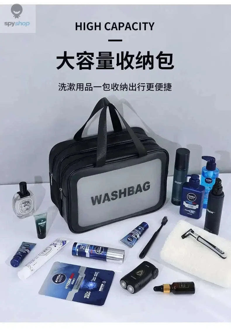 Transparent Dry-Wet PU Makeup Bag with Dual Compartments-Medium pink