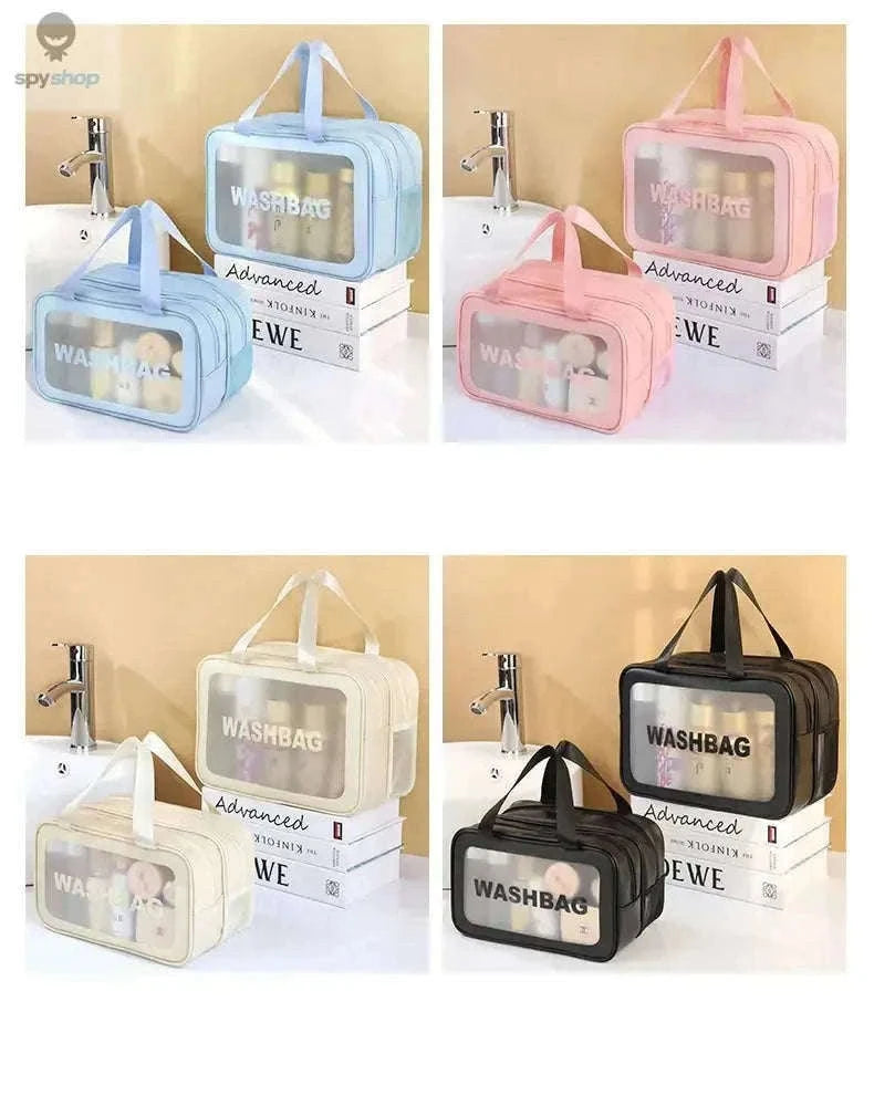Transparent Dry-Wet PU Makeup Bag with Dual Compartments-Medium pink