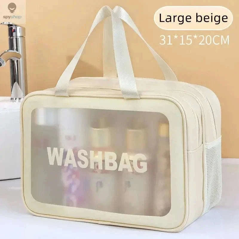 Transparent Dry-Wet PU Makeup Bag with Dual Compartments-Medium pink
