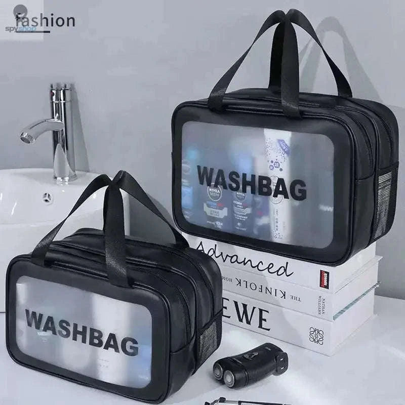Transparent Dry-Wet PU Makeup Bag with Dual Compartments-Medium pink