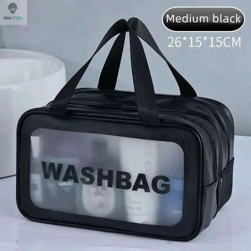 Transparent Dry-Wet PU Makeup Bag with Dual Compartments-Medium pink