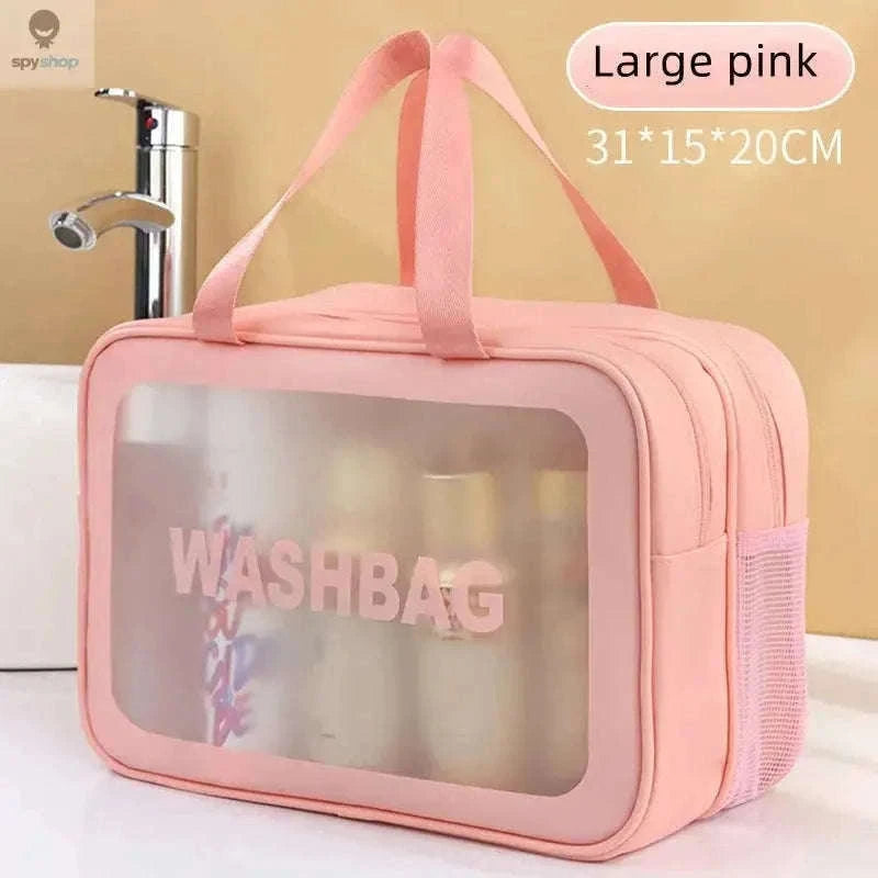 Transparent Dry-Wet PU Makeup Bag with Dual Compartments-Medium pink