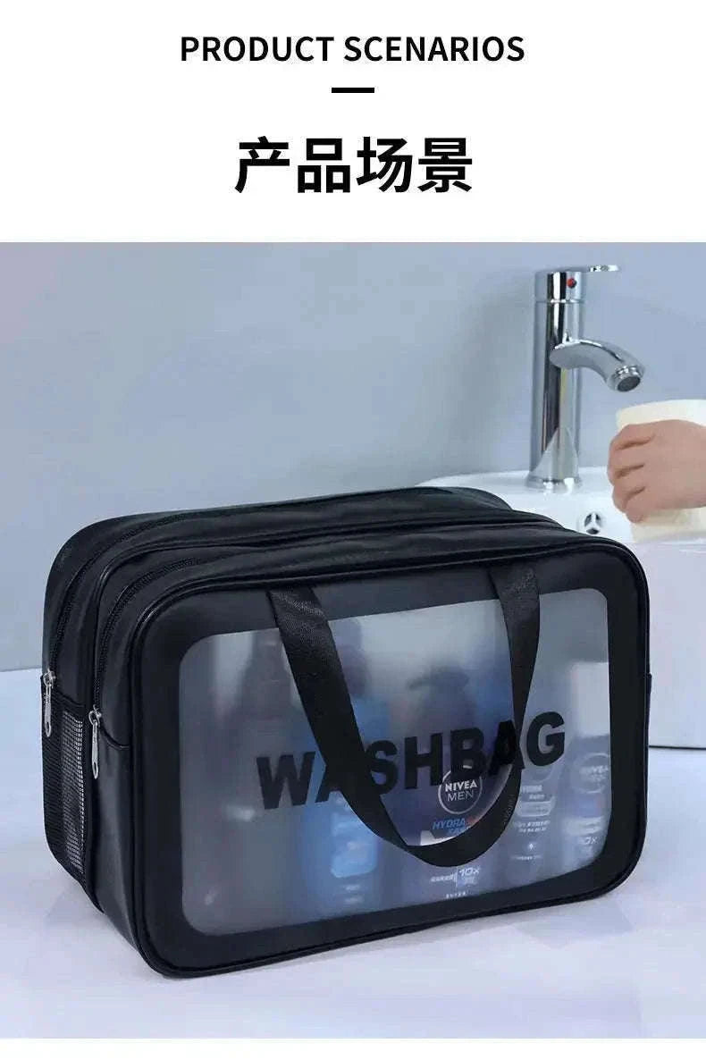 Transparent Dry-Wet PU Makeup Bag with Dual Compartments-Medium pink