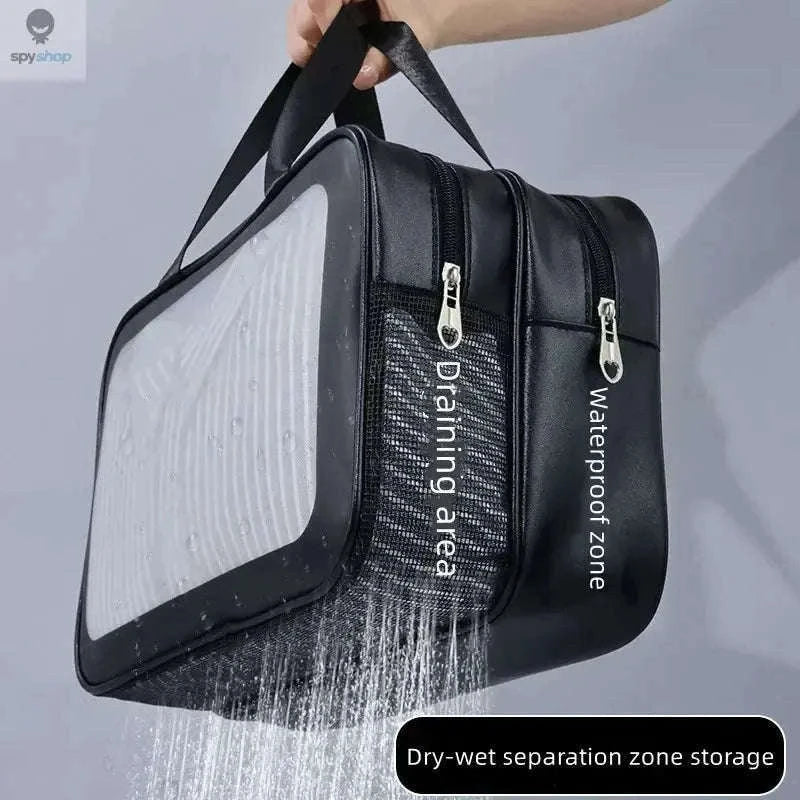 Transparent Dry-Wet PU Makeup Bag with Dual Compartments-Medium pink