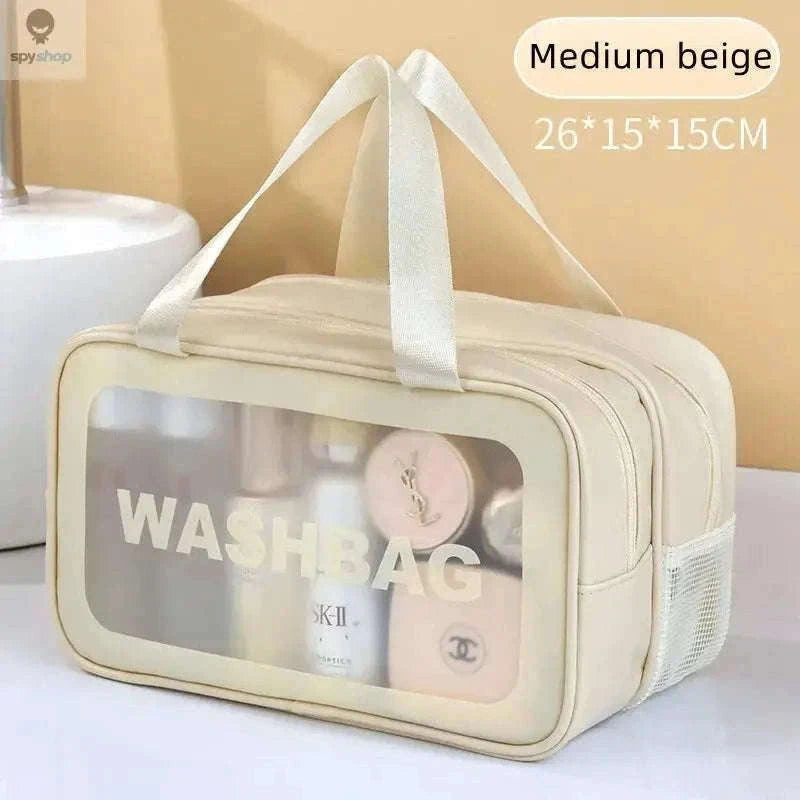 Transparent Dry-Wet PU Makeup Bag with Dual Compartments-Medium pink