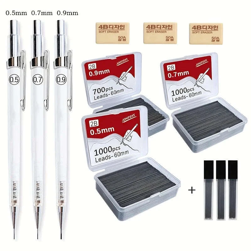 Transparent Mechanical Pencil Set — 0.5/0.7/0.9 mm with 2B Leads-0.9mm set