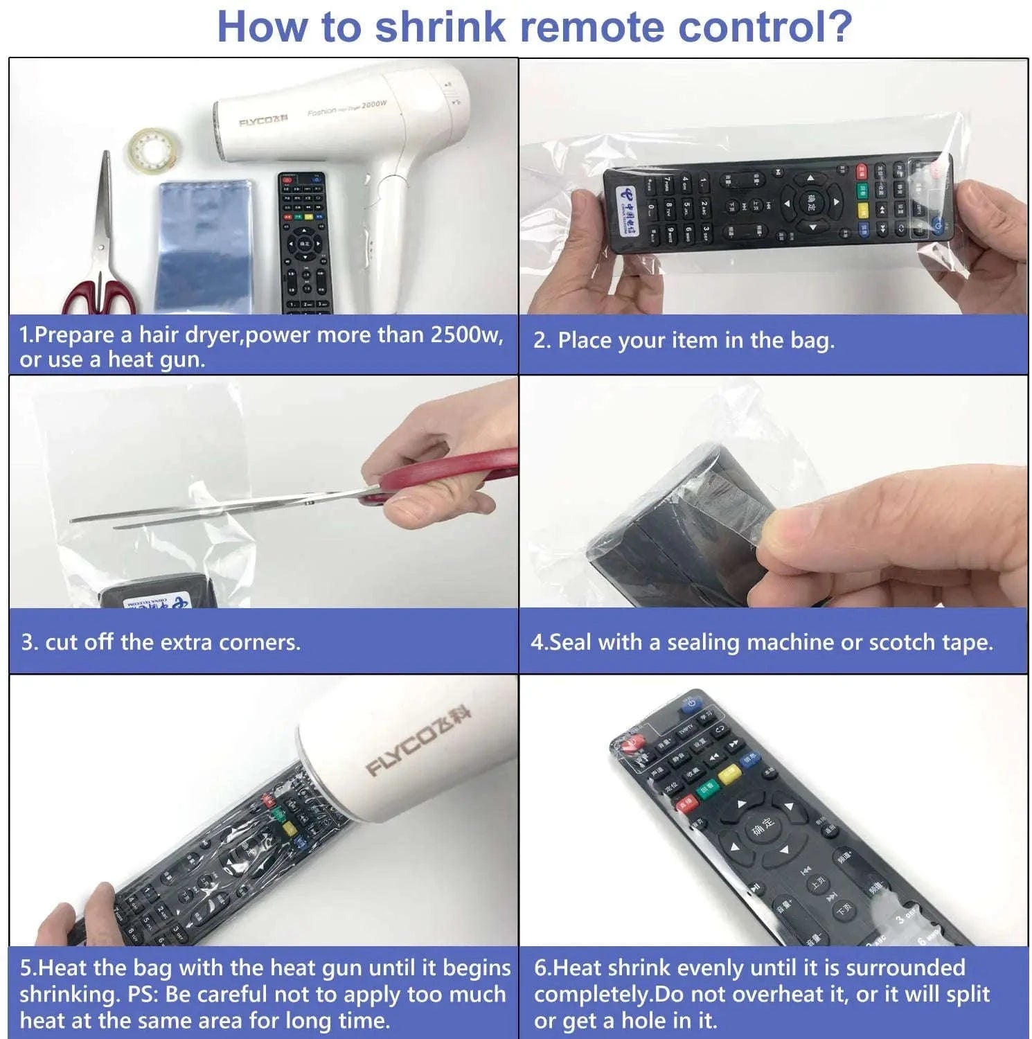 Transparent Shrink Film Bag Protective Cover for Remote Controls-20PCS 8X25CM
