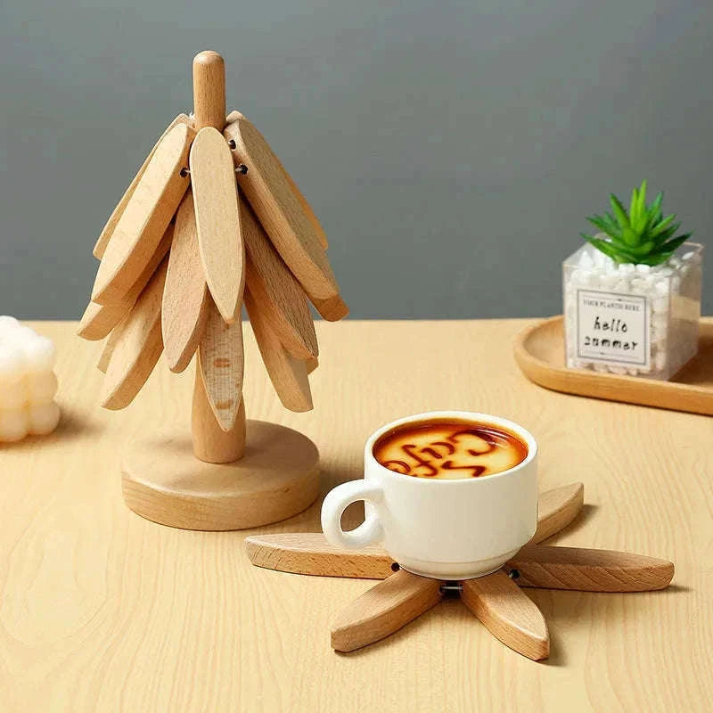 Tree-Shaped Wooden Trivet Set for Hot Pots and Tea-B / L