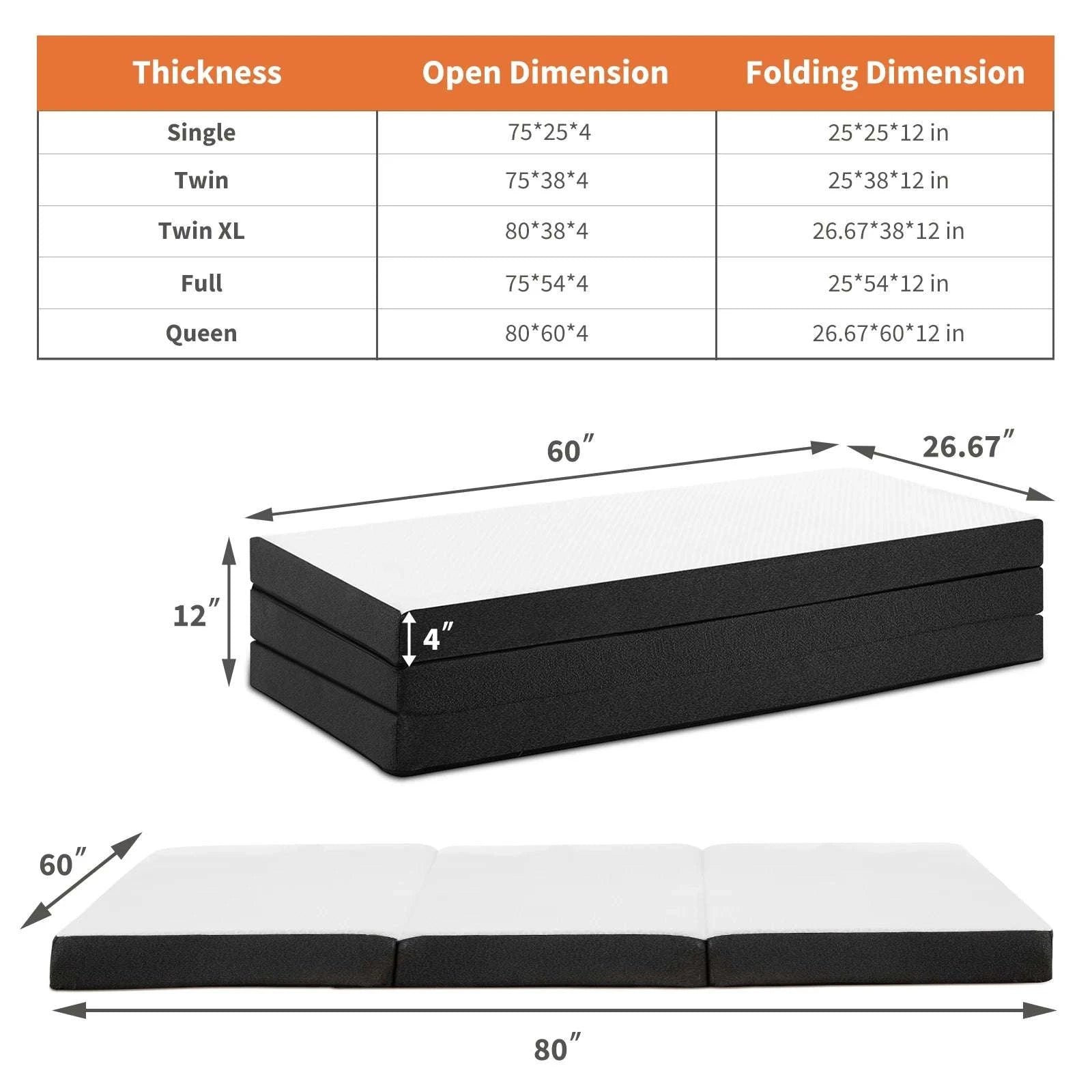 Tri-Fold Memory Foam Mattress 4 Inch Portable Floor Bed-3 Inch / Queen / United States