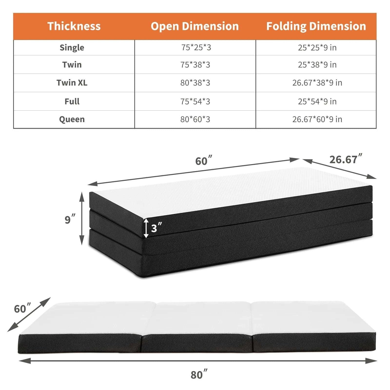 Tri-Fold Memory Foam Mattress 4 Inch Portable Floor Bed-3 Inch / Queen / United States