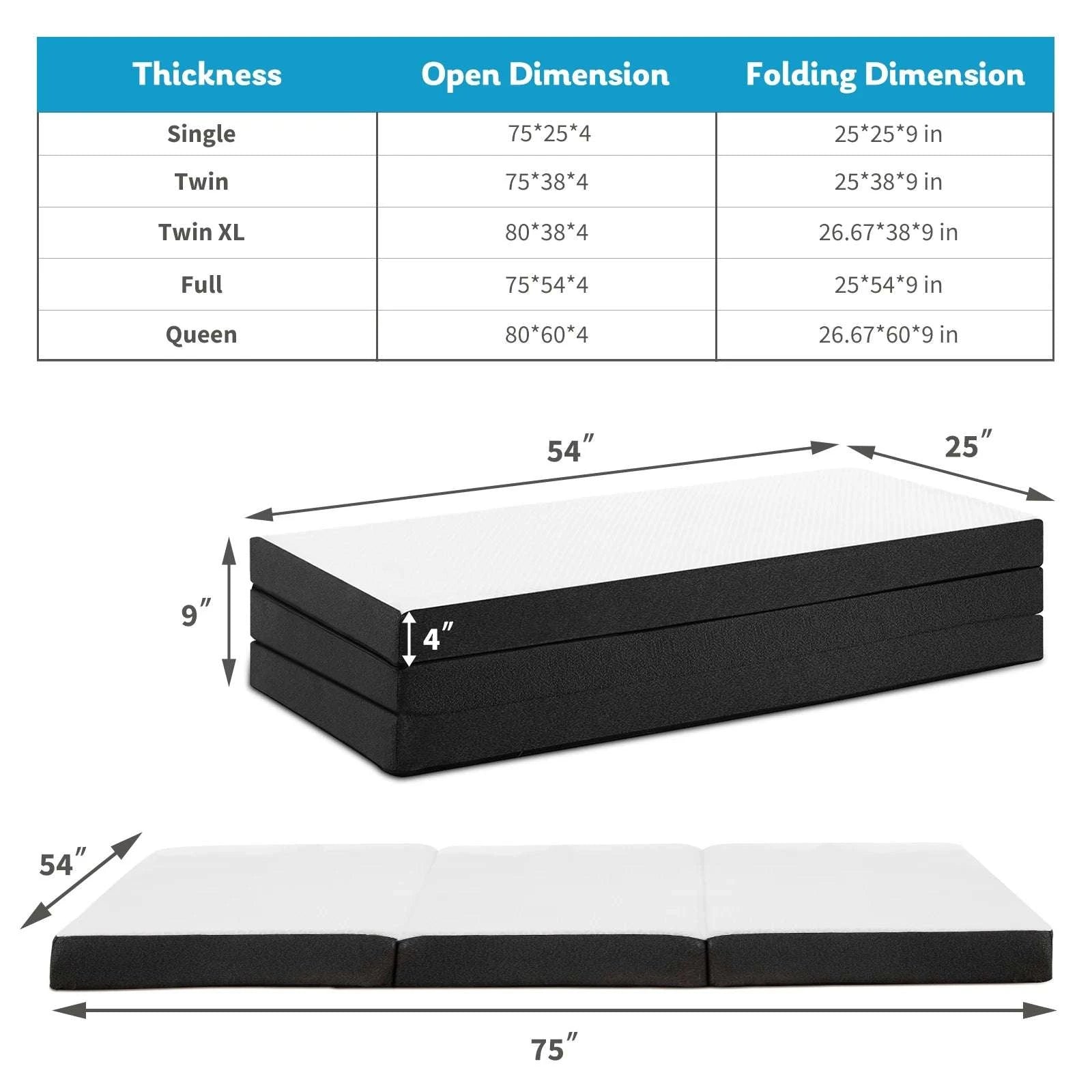 Tri-Fold Memory Foam Mattress with Washable Cover for Travel-3IN-FULL / United States