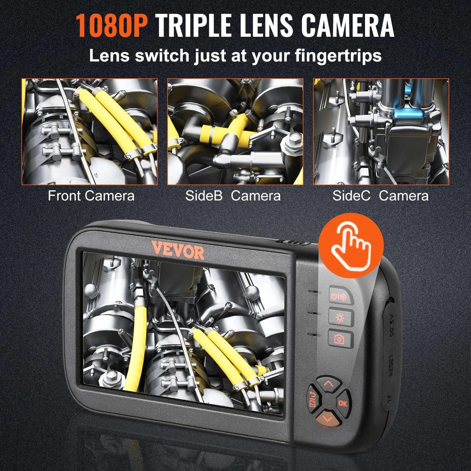 Triple Lens Borescope Camera 1080P with 4.5" Screen & 16.4ft Cable-france