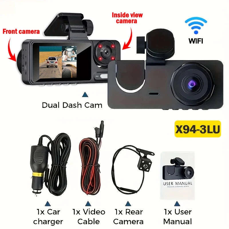 Triple Lens Dashcam WiFi 3‑Channel 1080P HD Recorder-X94-WIFI-3CAM / 64G