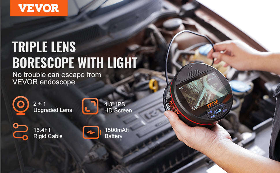 Triple Lens Endoscope Camera with 4.3" Screen and 16.4ft Cable-United States