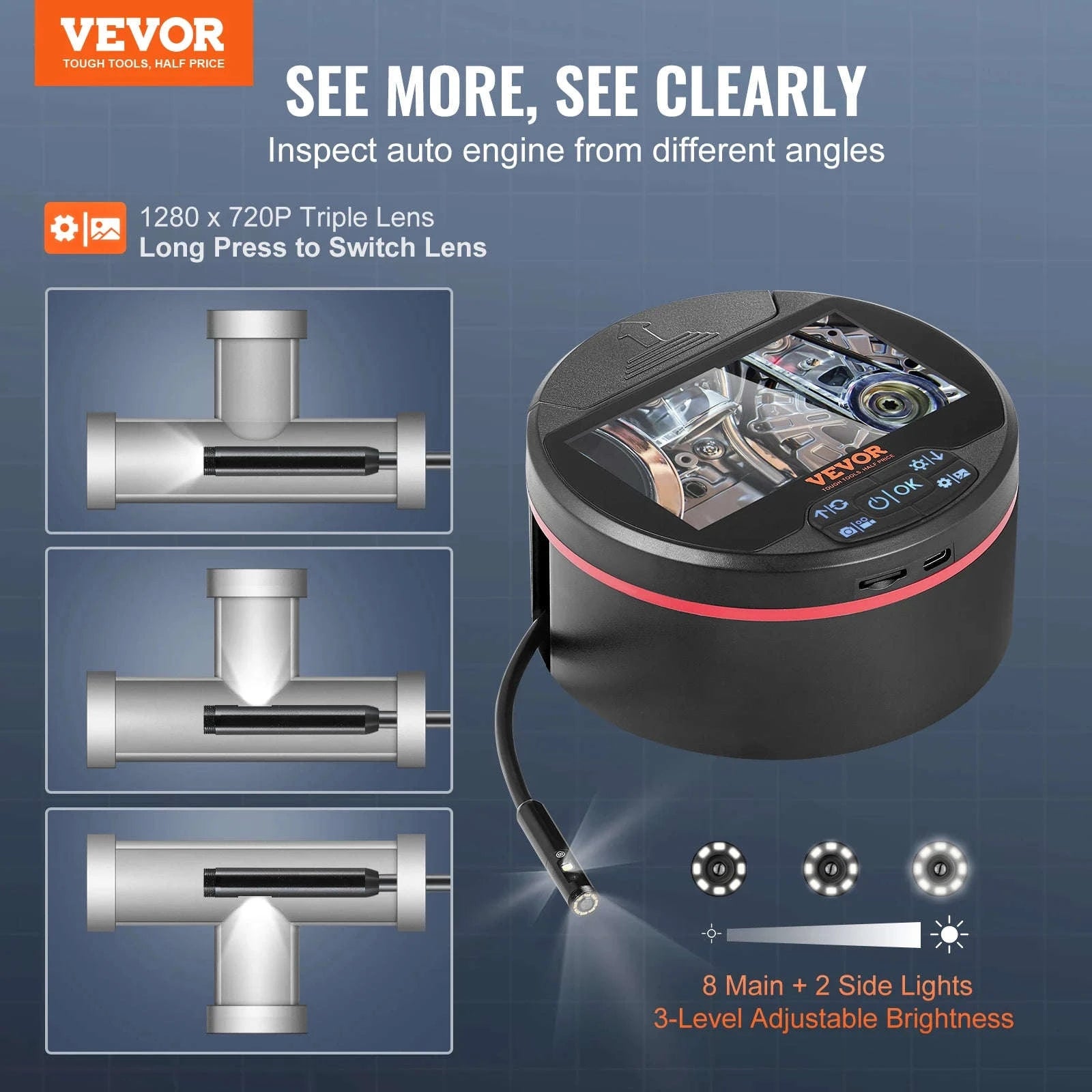 Triple Lens Endoscope Camera with 4.3" Screen and 16.4ft Cable-United States