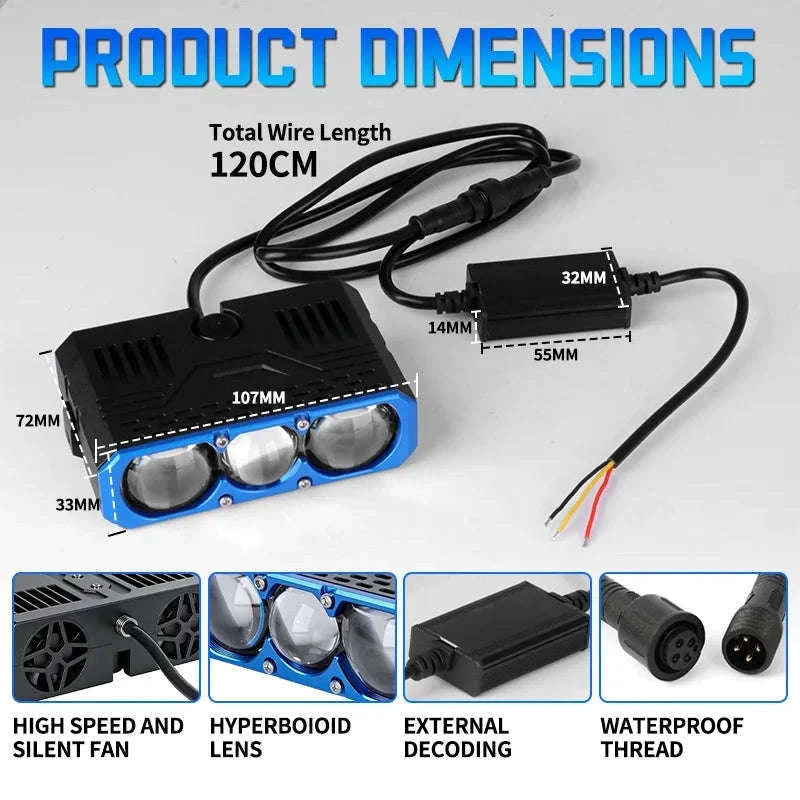 Triple Lens LED Spotlight Headlight for Car Motorcycle SUV ATV-6000K Cold White