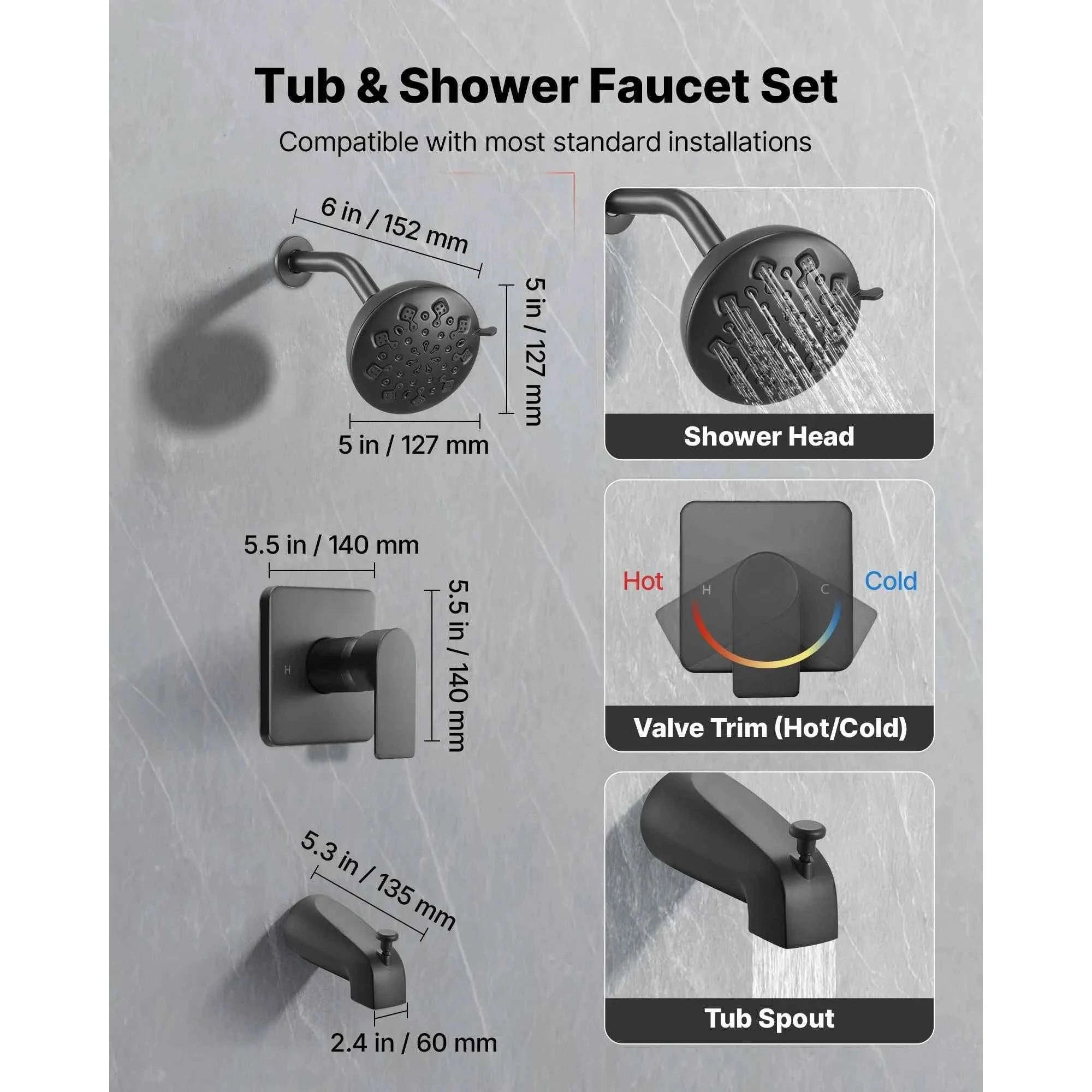 Tub and Shower Faucet Set 5 Inch 8-Setting Single Handle-Matte Black / United States