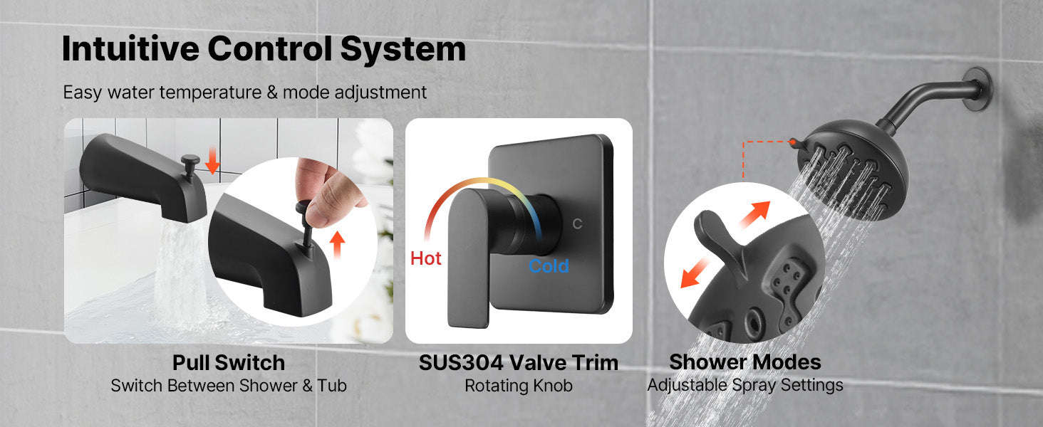 Tub and Shower Faucet Set 5 Inch 8-Setting Single Handle-Matte Black / United States