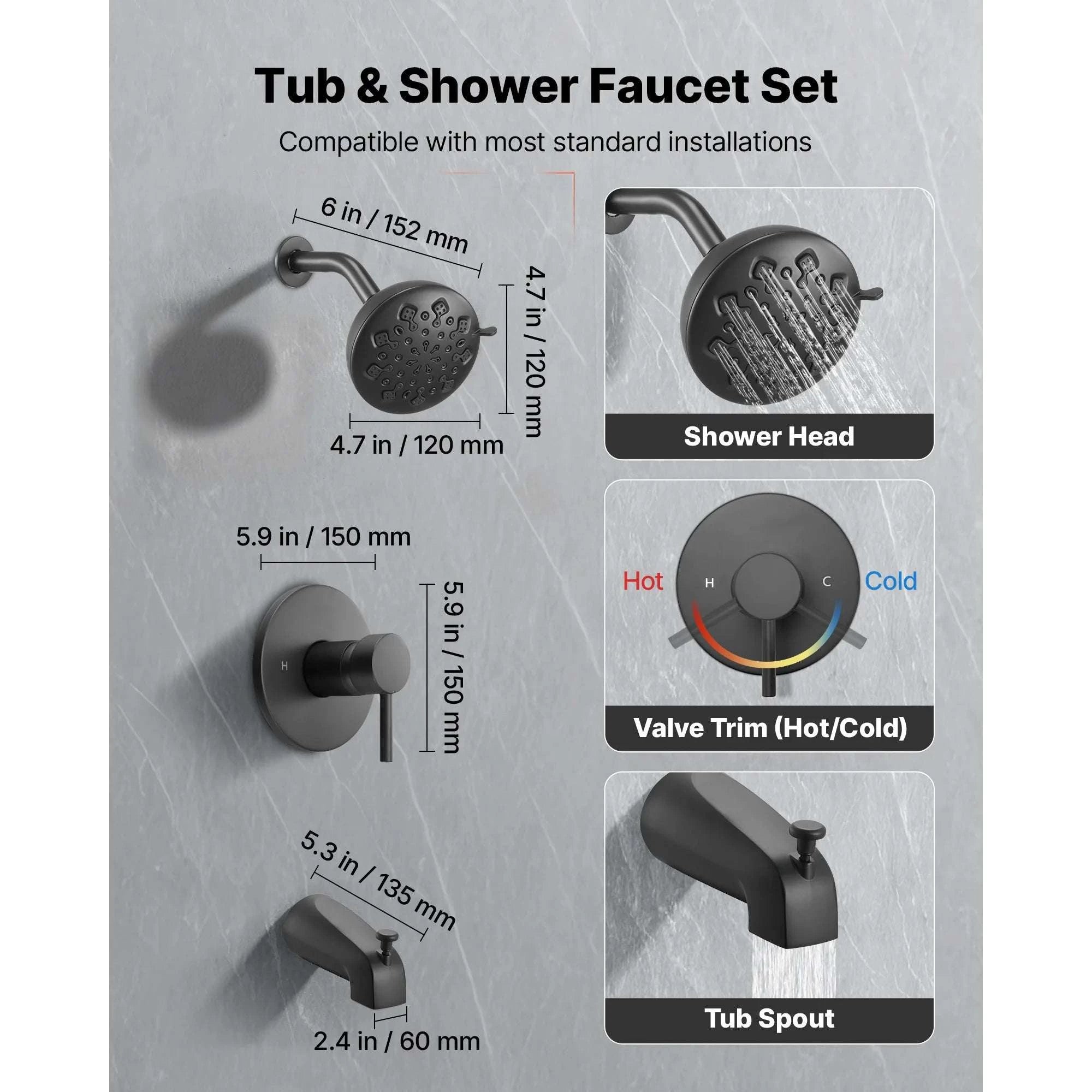 Tub & Shower Faucet Set with Rainfall Head and Pressure Balance Valve-4.72inch / United States