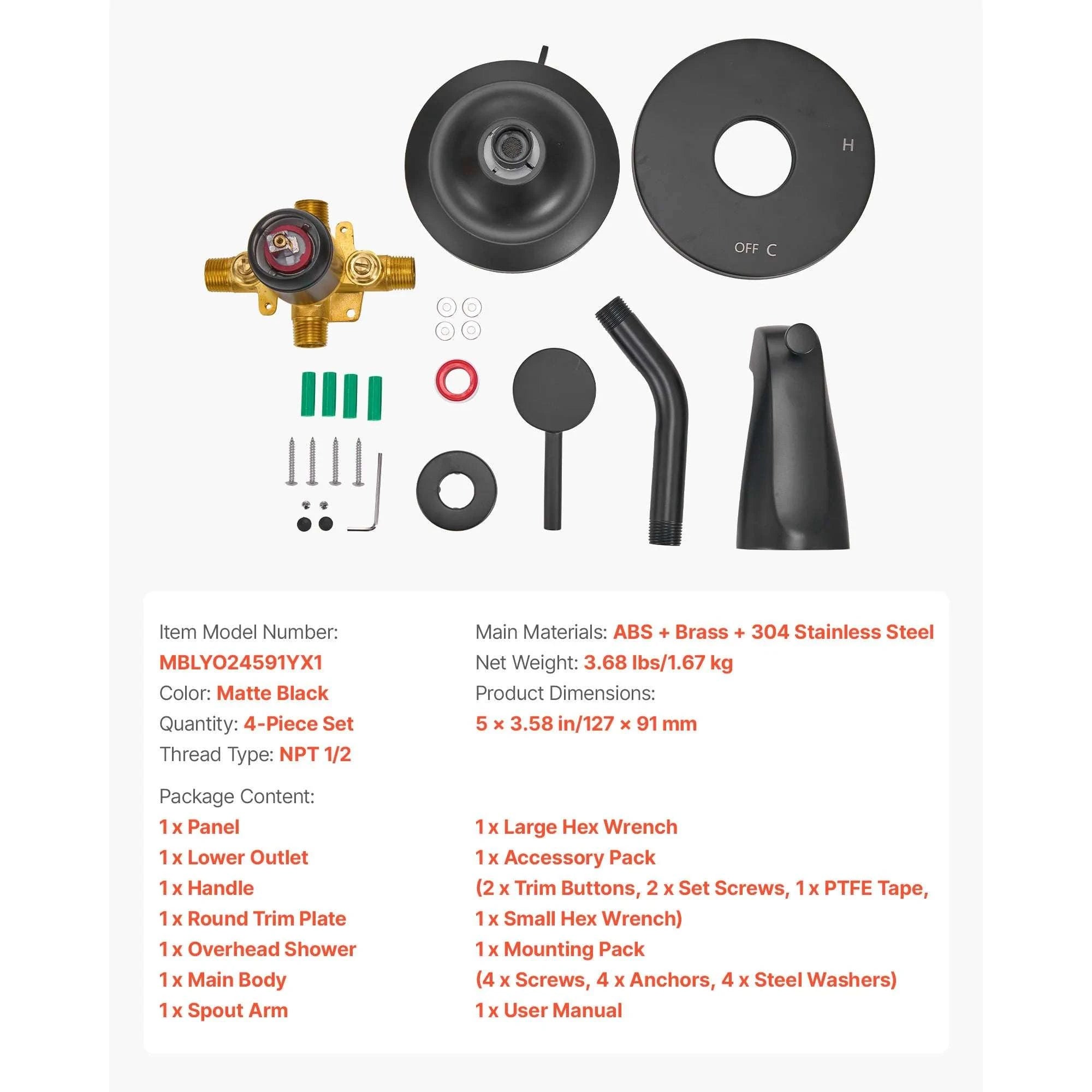 Tub & Shower Faucet Set with Rainfall Head and Pressure Balance Valve-4.72inch / United States
