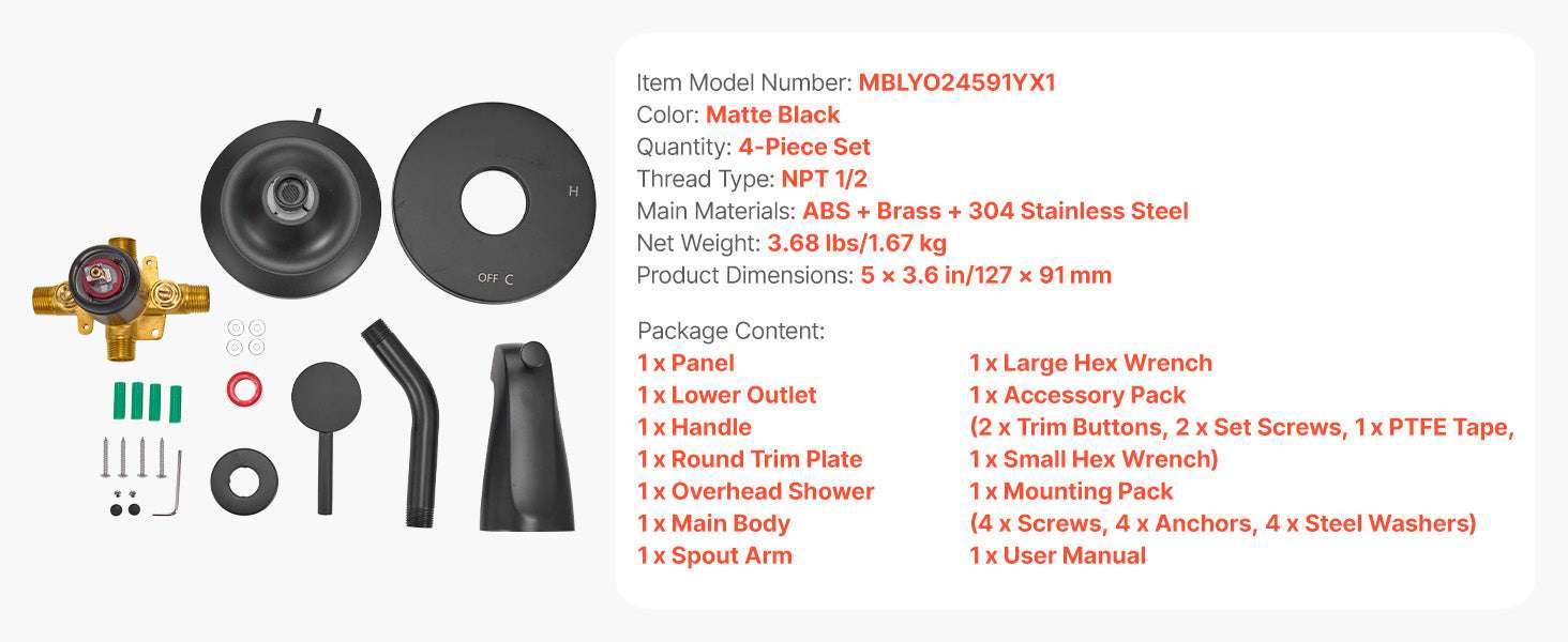 Tub & Shower Faucet Set with Rainfall Head and Pressure Balance Valve-4.72inch / United States