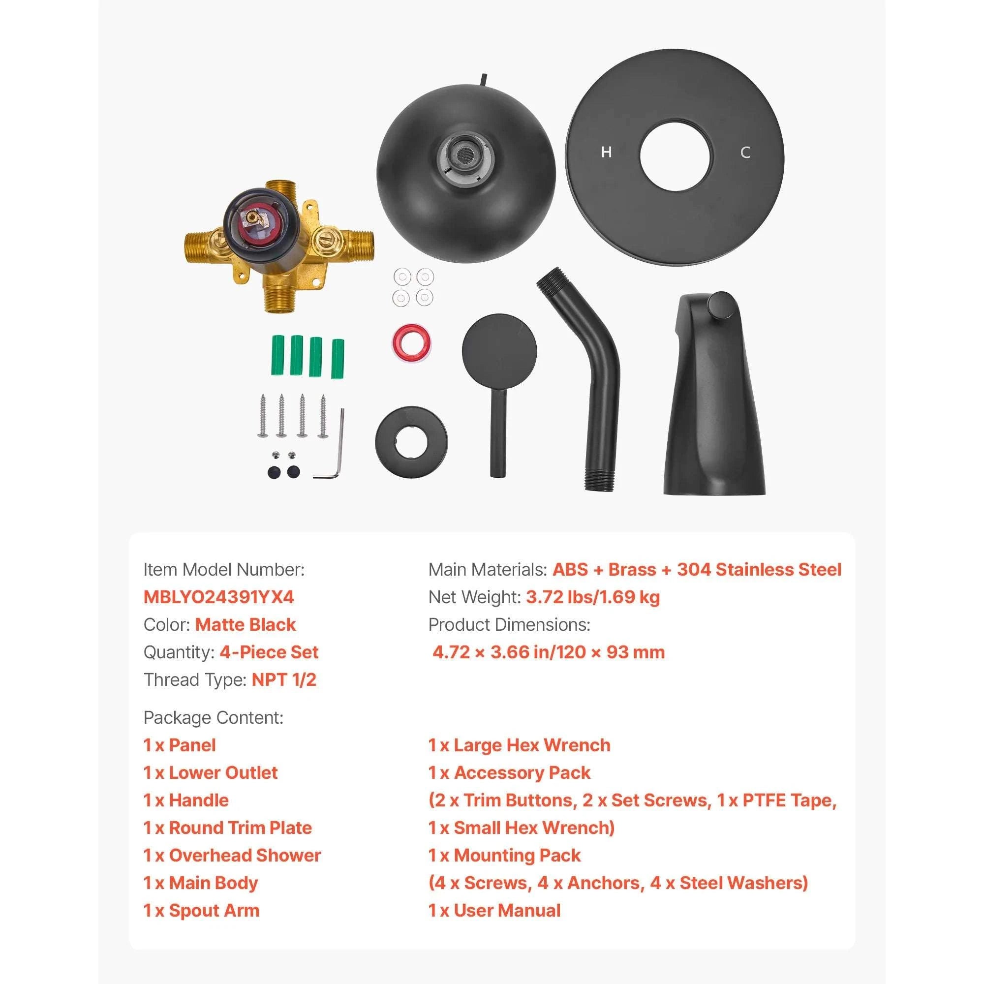 Tub & Shower Faucet Set with Rainfall Head and Pressure Balance Valve-4.72inch / United States