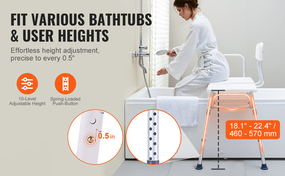Tub Transfer Bench with Backrest & Armrest, Adjustable Non-Slip Shower Seat