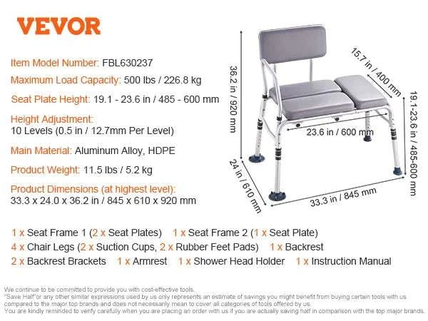 Tub Transfer Bench with Backrest & Armrest, Adjustable Non-Slip Shower Seat-FBL630239 / france