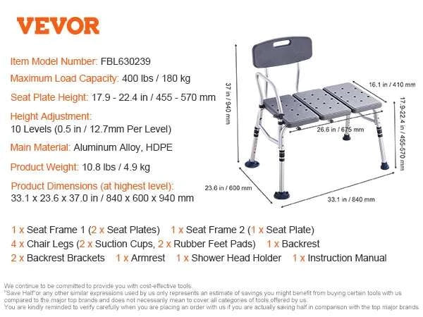 Tub Transfer Bench with Backrest & Armrest, Adjustable Non-Slip Shower Seat-FBL630239 / france