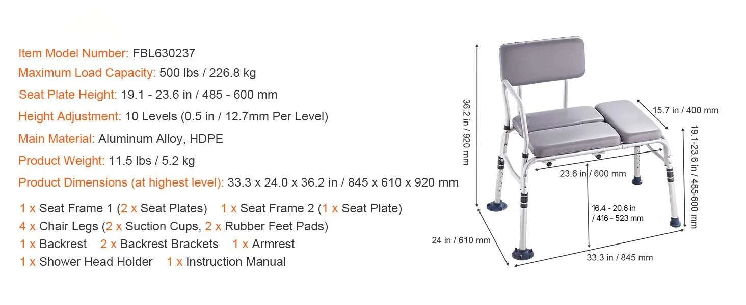 Tub Transfer Bench with Backrest & Armrest, Adjustable Non-Slip Shower Seat-FBL630239 / france