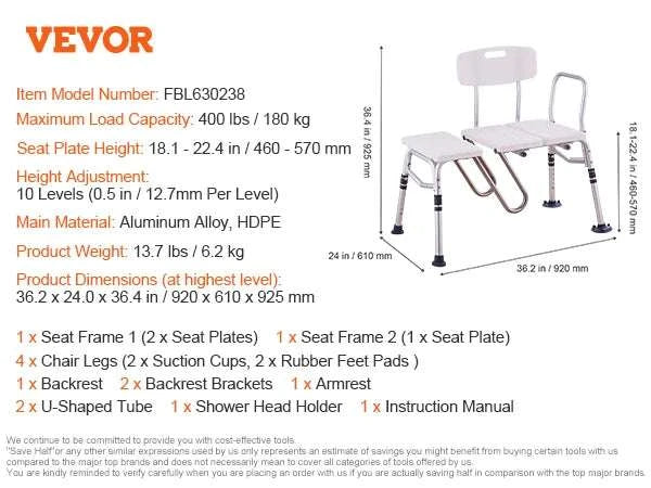 Tub Transfer Bench with Backrest & Armrest, Adjustable Non-Slip Shower Seat-FBL630239 / france