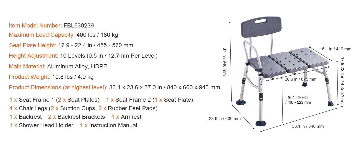 Tub Transfer Bench with Backrest & Armrest, Adjustable Non-Slip Shower Seat-FBL630239 / france
