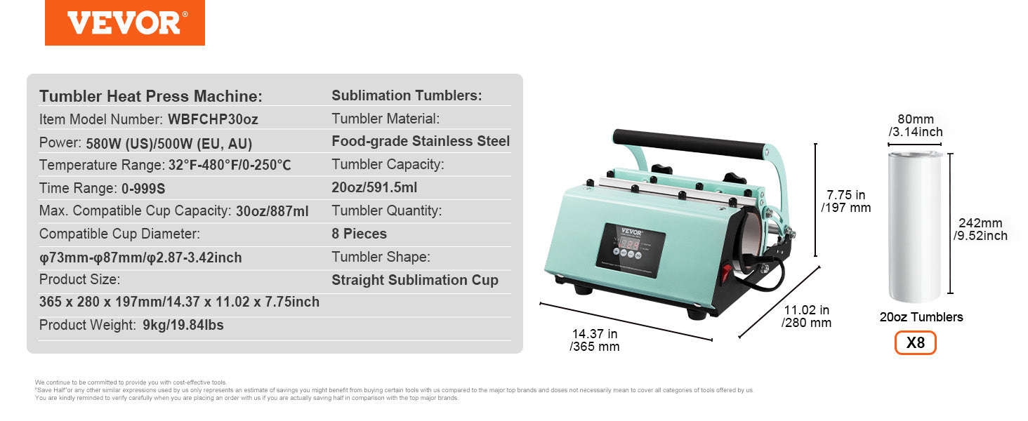 Tumbler Heat Press Machine with 8 Blank 20 oz Sublimation Tumblers-8pcs / United States