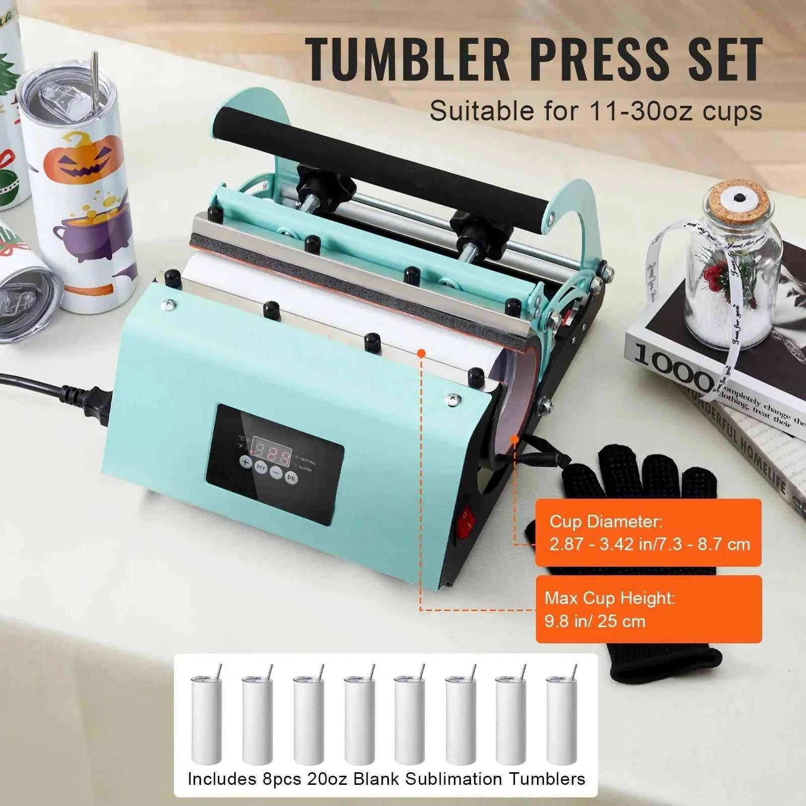 Tumbler Heat Press Machine with 8 Blank 20 oz Sublimation Tumblers-8pcs / United States