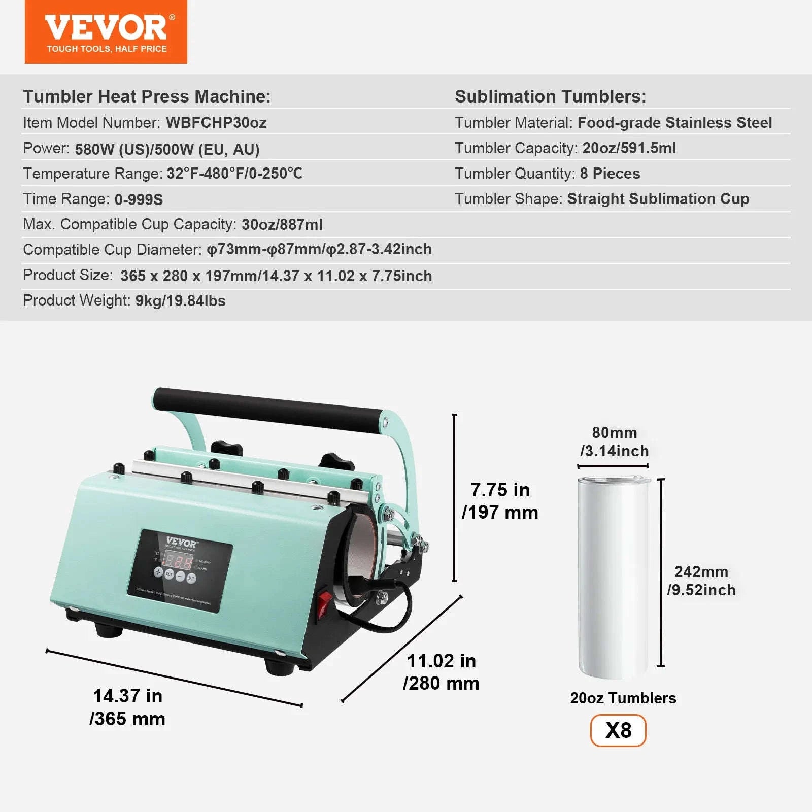 Tumbler Heat Press Machine with 8 Blank 20 oz Sublimation Tumblers-8pcs / United States