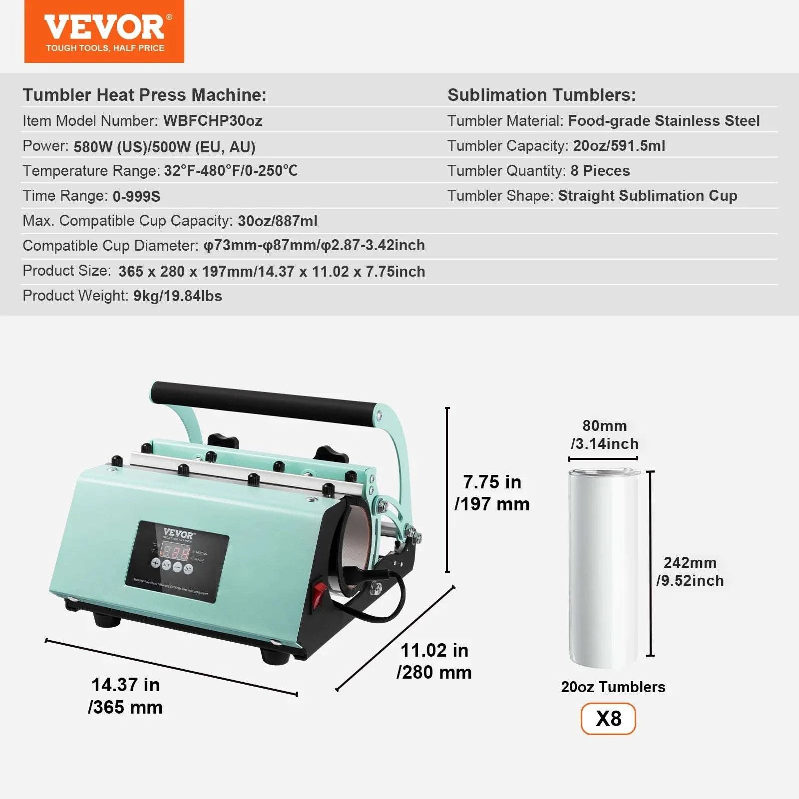 Tumbler Heat Press Machine with 8pcs 20oz Sublimation Tumblers Set-light green / CZECH REPUBLIC