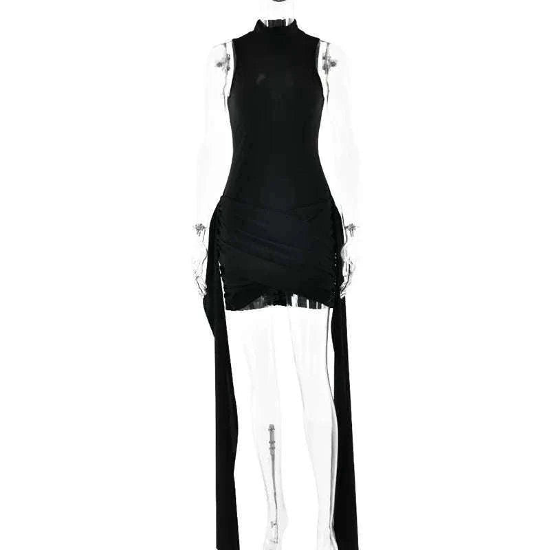 Turtleneck Sleeveless Mini Dress with Ruched Sides-Brown / S