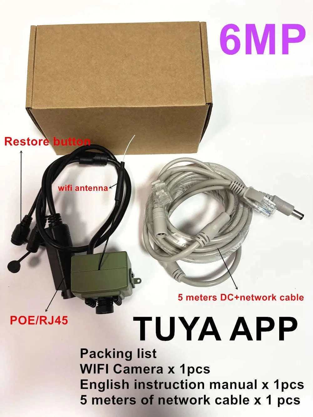Tuya 6MP/4MP Mini WiFi POE IP Camera with Motion Detection-4MP POE 5M RJ45 Wire