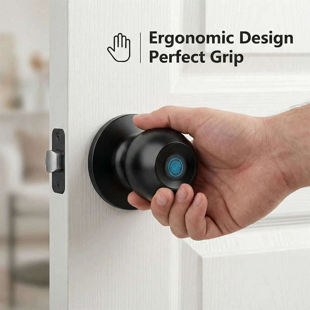 Tuya Smart Fingerprint Door Knob Lock WiFi App Remote Control Keyless Entry Smart Door Lock Temporary Password Unlock Biometric Round Knob Lock for Bedroom Apartment Office-United States