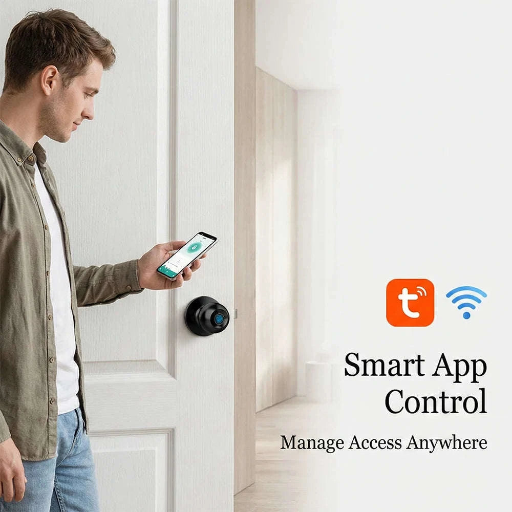 Tuya Smart Fingerprint Door Knob Lock WiFi App Remote Control Keyless Entry Smart Door Lock Temporary Password Unlock Biometric Round Knob Lock for Bedroom Apartment Office-United States
