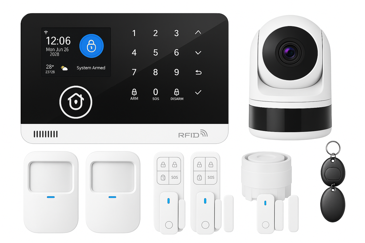 Tuya WiFi GSM Home Security Alarm System Kit, 2.4" Touch Screen RFID Keypad Burglar Alarm with Door Sensor, PIR Motion Detector, Remote Control, Works with Alexa & Google Assistant, App Push/SMS/Call Alert