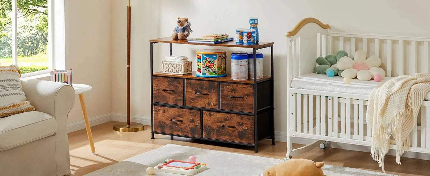 TV Stand with 5 Fabric Drawers Storage Dresser for Bedroom-GRAY / United States