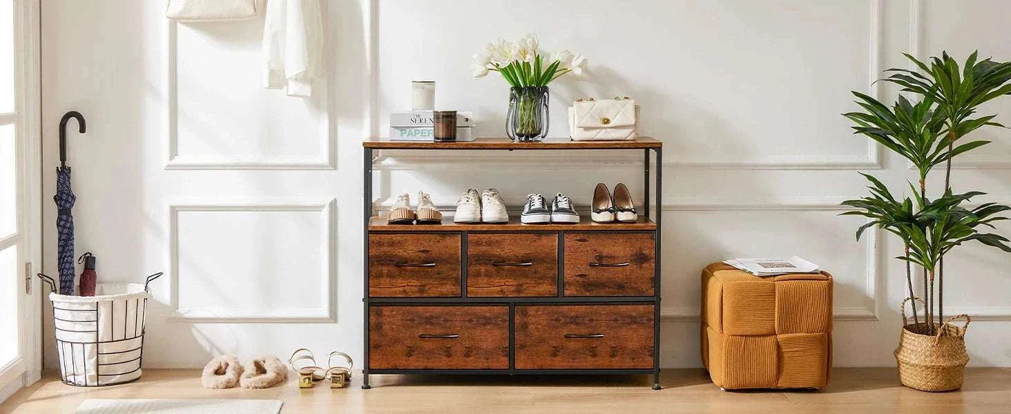 TV Stand with 5 Fabric Drawers Storage Dresser for Bedroom-GRAY / United States