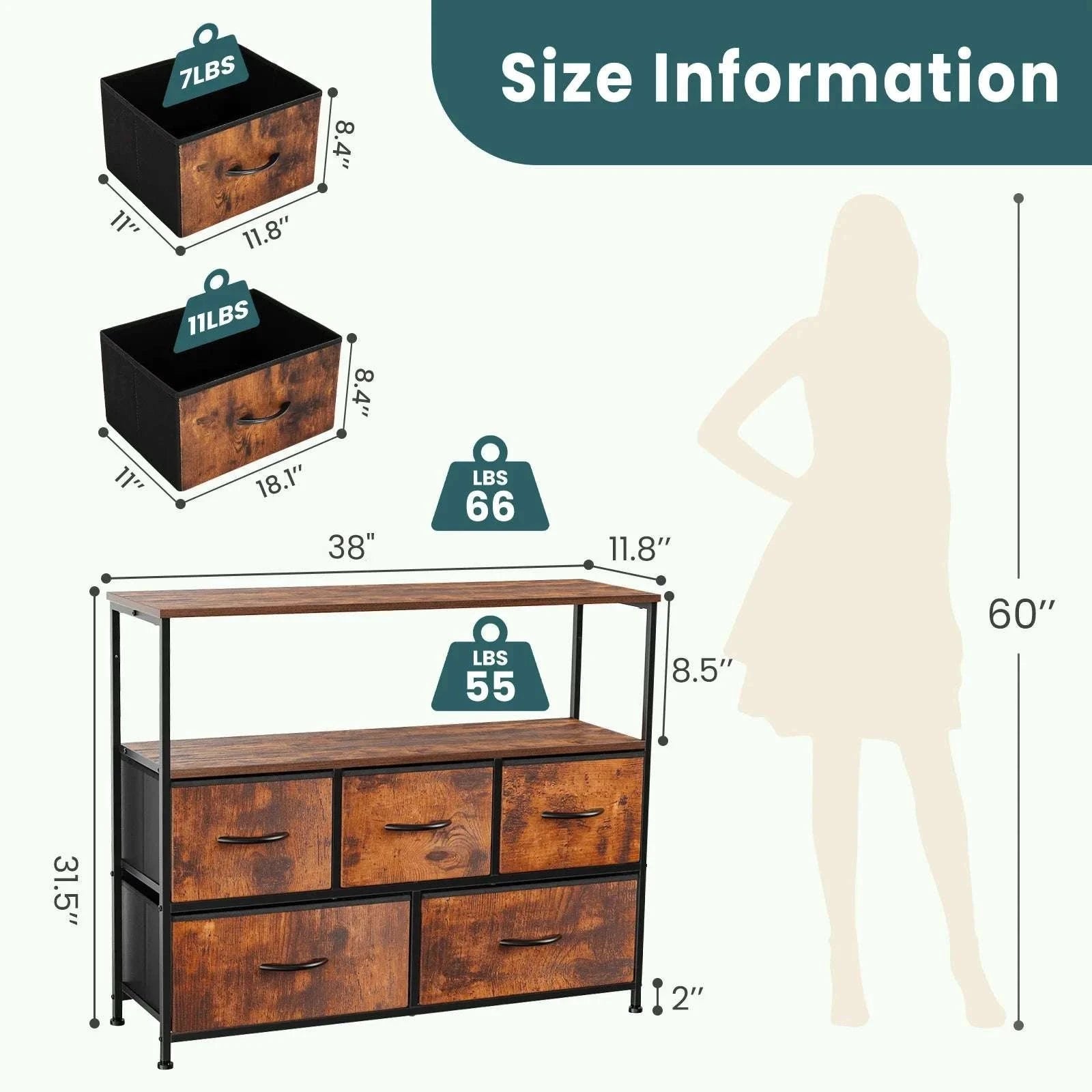 TV Stand with 5 Fabric Drawers Storage Dresser for Bedroom-GRAY / United States