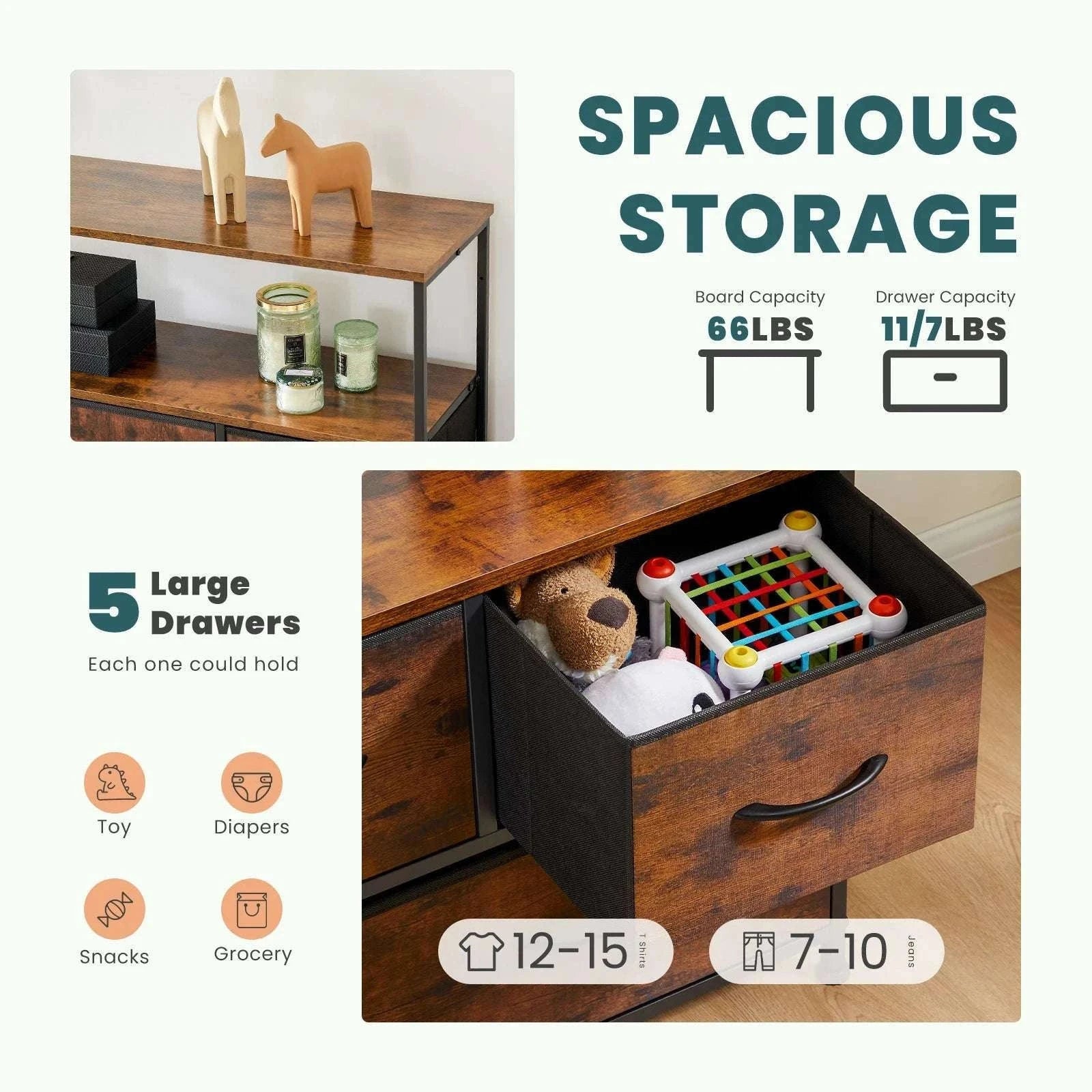 TV Stand with 5 Fabric Drawers Storage Dresser for Bedroom-GRAY / United States