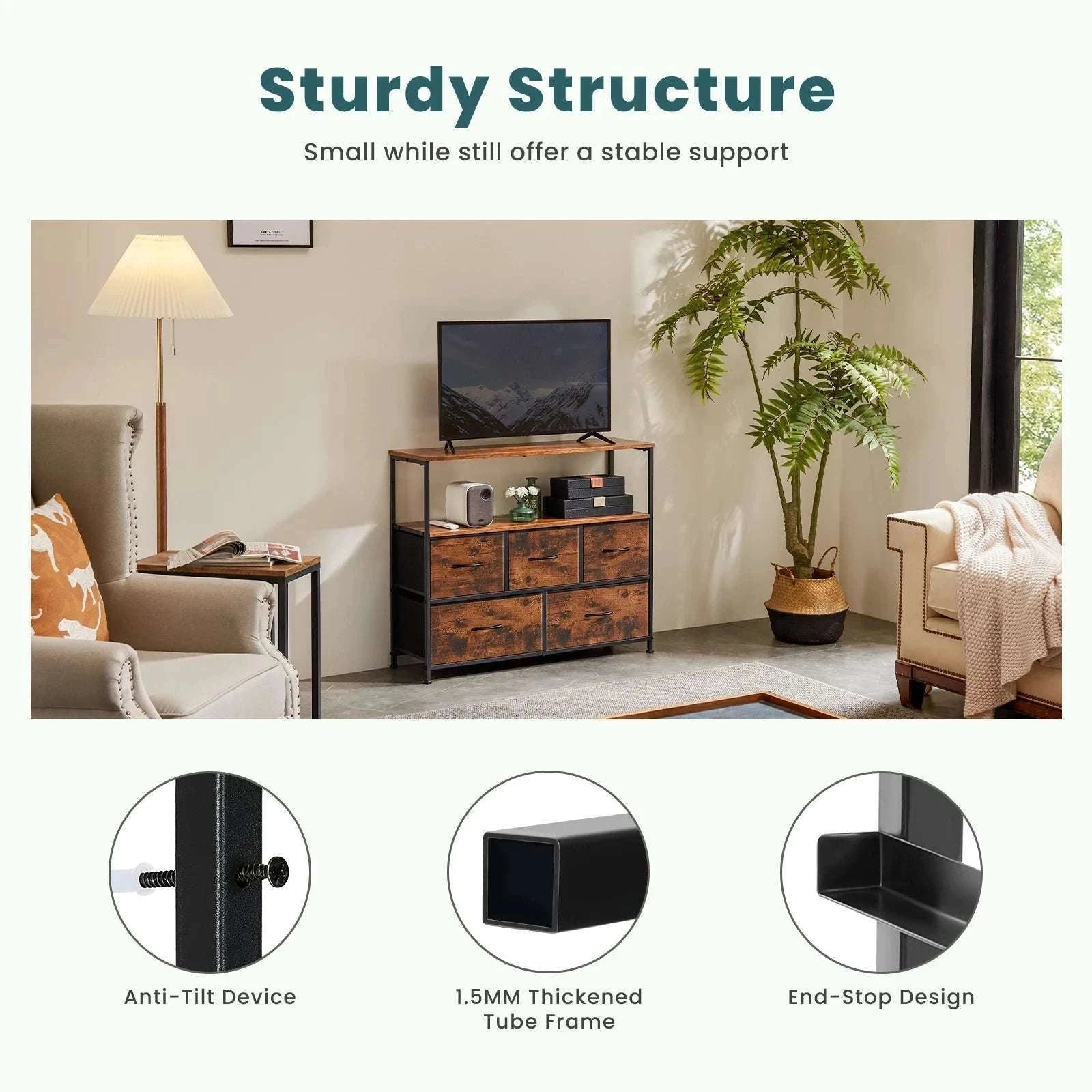 TV Stand with 5 Fabric Drawers Storage Dresser for Bedroom-GRAY / United States